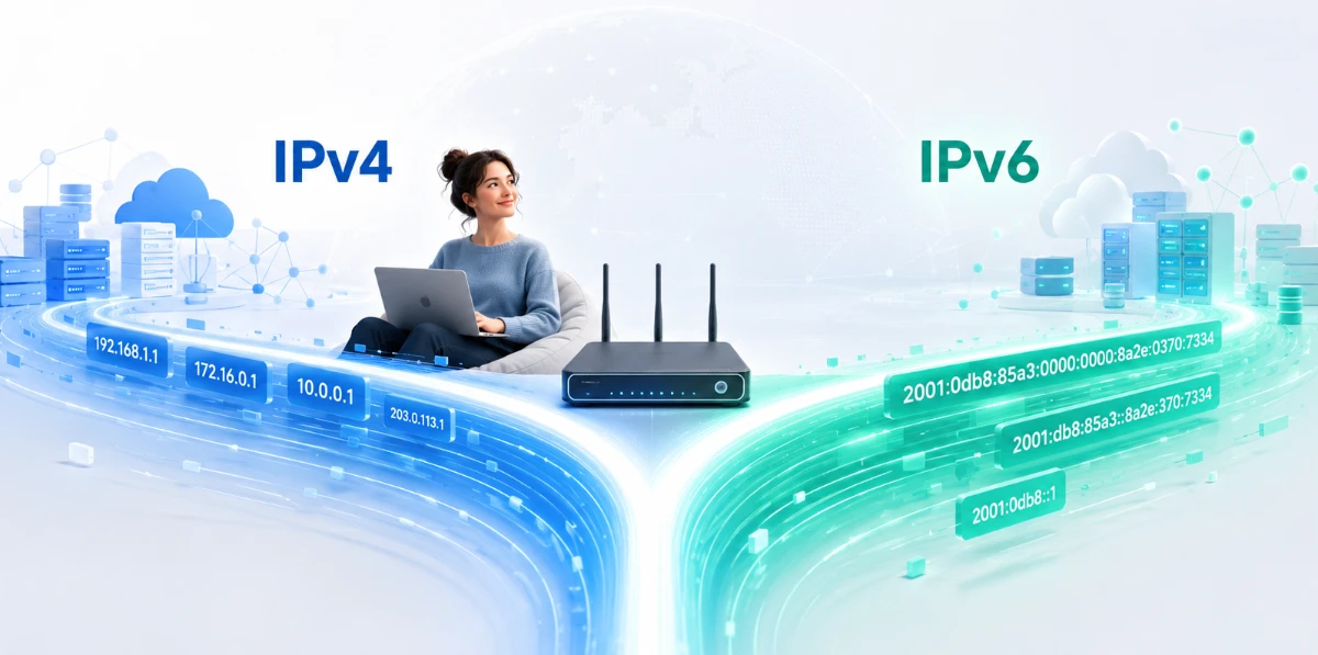 Illustration eines Anschlusses mit Router, Nutzerin und zwei getrennten Datenströmen für IPv4 und IPv6