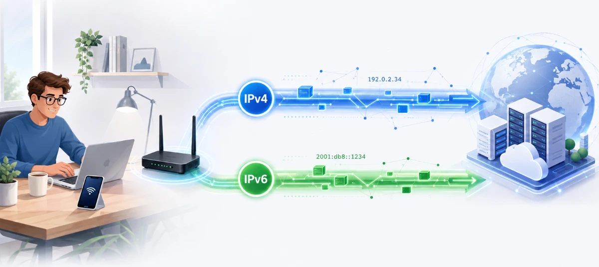 Illustration eines Computers mit Router und zwei getrennten Übertragungswegen für IPv4 und IPv6 zu einem Serverstandort